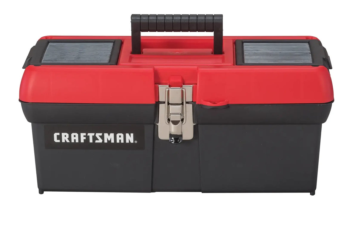 Craftsman CMST16901 black and red toolbox with top handle and two small compartments, front angle.