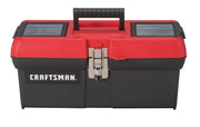 Craftsman CMST16901 black and red toolbox with top handle and two small compartments, front angle.