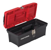 Photo of CRAFTSMAN CMST16901 black plastic toolbox with open red lid and metal latch, shown at front angle.