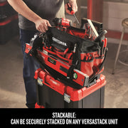 Craftsman tool bag CMST17622 loaded with hand tools, stacked on VERSASTACK units in workshop setting.
