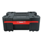 A black and red CRAFTSMAN tool box with a handle on top and the VERSASTACK logo on the front. The box appears sturdy and is designed for portable storage.