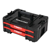 Front angle photo of Craftsman CMST17804 black and red plastic tool box with two drawers and carry handle.