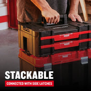 Photo of Craftsman stackable toolbox with SKU CMST17804, black and red, side latches, carried by a person.