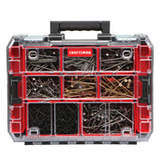 Photo of CRAFTSMAN CMST17817 organizer box with clear lid, black handle, and compartments filled with assorted screws and nails, front angle.