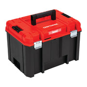 Craftsman CMST17825 black and red plastic toolbox with top handle and metal latches, angled view on white background.