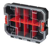 Craftsman organizer box CMST17827, clear lid, black and red compartments, front angle, tool storage.