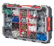 CRAFTSMAN CMST17828 hardware organizer box with assorted fasteners, clear lid, angled view.