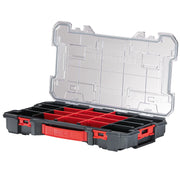 Photo of Craftsman CMST17828 organizer with clear plastic lid, red handle, and multiple interior compartments, angled front view.
