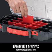 Photo of Craftsman organizer CMST17828 with red removable dividers and clear lid, hand adjusting divider.