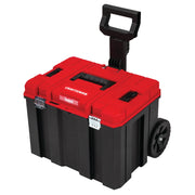 Photo of Craftsman rolling tool box CMST17835, red lid, black body, metal latches, upright handle, front angle.