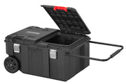 Craftsman rolling tool box CMST17870, black, open lid, pull handle, wheels, front angle.