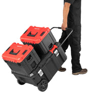 Photo of CRAFTSMAN CMST17870 tool box set with three stackable black and red boxes on a wheeled cart, side angle view.