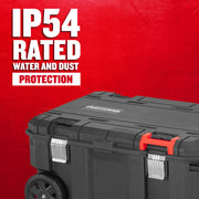 Photo of Craftsman rolling toolbox CMST17870 showing black case with IP54 water and dust protection on red background.