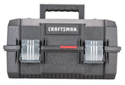 Front view of CRAFTSMAN CMST18001 black plastic toolbox with metal latches and central carrying handle.