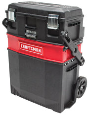 Craftsman CMST20880 black and red rolling tool box with large wheels, metal latches, and folding handle, front angle.