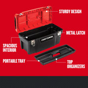 Craftsman toolbox CMST20901 with red lid, metal latches, portable tray, and spacious black interior.