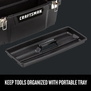 Craftsman black toolbox with portable tray, front angle, SKU CMST20901, shown open with metal latches.
