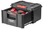 Photo of Craftsman tool storage box with open drawer, black and red, SKU CMST21403, front angle.