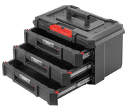CRAFTSMAN CMST21405 black plastic tool box with three open drawers, angled view on white background.