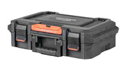 Photo of CRAFTSMAN black plastic tool box with orange accents, front angle, SKU CMST21415, photography product.