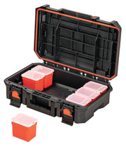 Photo of CRAFTSMAN organizer box CMST21415 black with red bins and clear lids, open angled on white background.