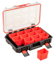 Craftsman CMST21417 organizer case with transparent lid and twelve red removable bins, front angle photo.