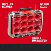 CRAFTSMAN organizer case CMST21417 with red compartments, transparent durable lid, drop & lock mechanism, one-touch release.