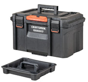 Photo of CRAFTSMAN VersaStack XL tool box, SKU CMST21430, black with red accents, removable tray, angled on white background.