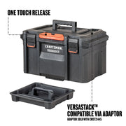 Photo of Craftsman VERSASTACK XL toolbox CMST21430, black with red latches, one touch release, removable tray, angled on white background.