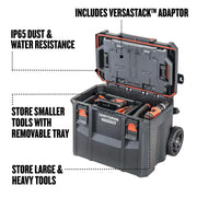 Photo of Craftsman rolling tool box CMST21445 with open lid, removable tray, internal tools, black plastic, wheels, and Versastack adaptor.