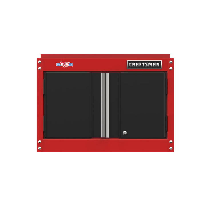 Front view photo of Craftsman CMST21802RB red and black wall cabinet with dual doors and silver handle, on white background.