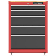 Front angle photo of Craftsman red tool chest with five drawers, wood top, CMST22602RB.