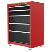 Photo of Craftsman CMST22602RB red tool chest with five black drawers, wood top, and leveling feet, angled view.