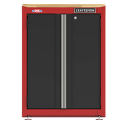 Front view photo of Craftsman cabinet CMST22603RB, red frame, black doors, silver handles, wood top.