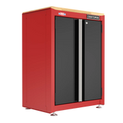 Photo of Craftsman red and black storage cabinet CMST22603RB with wood top, front angle, on white background.
