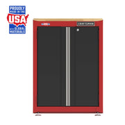 Craftsman CMST22603RB garage cabinet with black doors, red frame, wood top, front angle, graphics category.