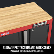 Craftsman butcher block work surface cabinet, red and black, SKU CMST22603RB, top angle photo.