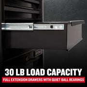 Close-up image of an open Craftsman tool chest drawer showing metal ball-bearing slides. Text in the image highlights a 30 lb load capacity and full extension drawers with quiet ball bearings.