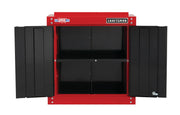 Front angle photo of Craftsman wall cabinet CMST22800RB with open black doors and red frame, showing interior shelves.