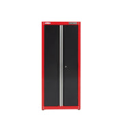 Front view of Craftsman tall storage cabinet with red frame, black double doors, and model CMST23201RB.