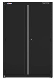 Front view of a large black metal storage cabinet with two doors, a vertical silver handle strip, and labels at the top corners.