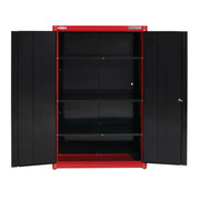 Front view photo of CRAFTSMAN CMST24800RB black and red metal storage cabinet with open double doors and three shelves.