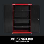 Photo of Craftsman storage cabinet CMST24800RB with black double doors open, showing three shelves, two adjustable.