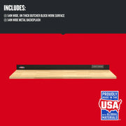 Front angle photo of Craftsman butcher block work surface with metal backsplash, SKU CMST25302BK, on red background.