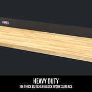 Craftsman CMST25302BK heavy duty graphics showing 1-inch thick butcher block work surface, angled side view.