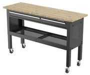 A workbench with a light wood top, two drawers, metal frame, perforated side panels, a mesh lower shelf, and four locking caster wheels.