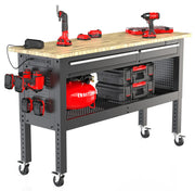 Photo of Craftsman workbench CMST27202BK with tools, chargers, toolboxes, and compressor on a white background.