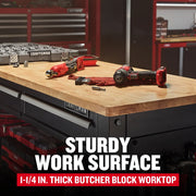 Photo of Craftsman CMST27202BK workbench with 1-1/4 in. thick butcher block top, tools and accessories on surface.