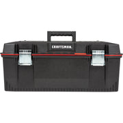 Front view photo of Craftsman black plastic toolbox with metal latches and handle, CMST28001.