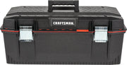 Front view photo of Craftsman CMST28001 black plastic toolbox with metal latches and red trim.